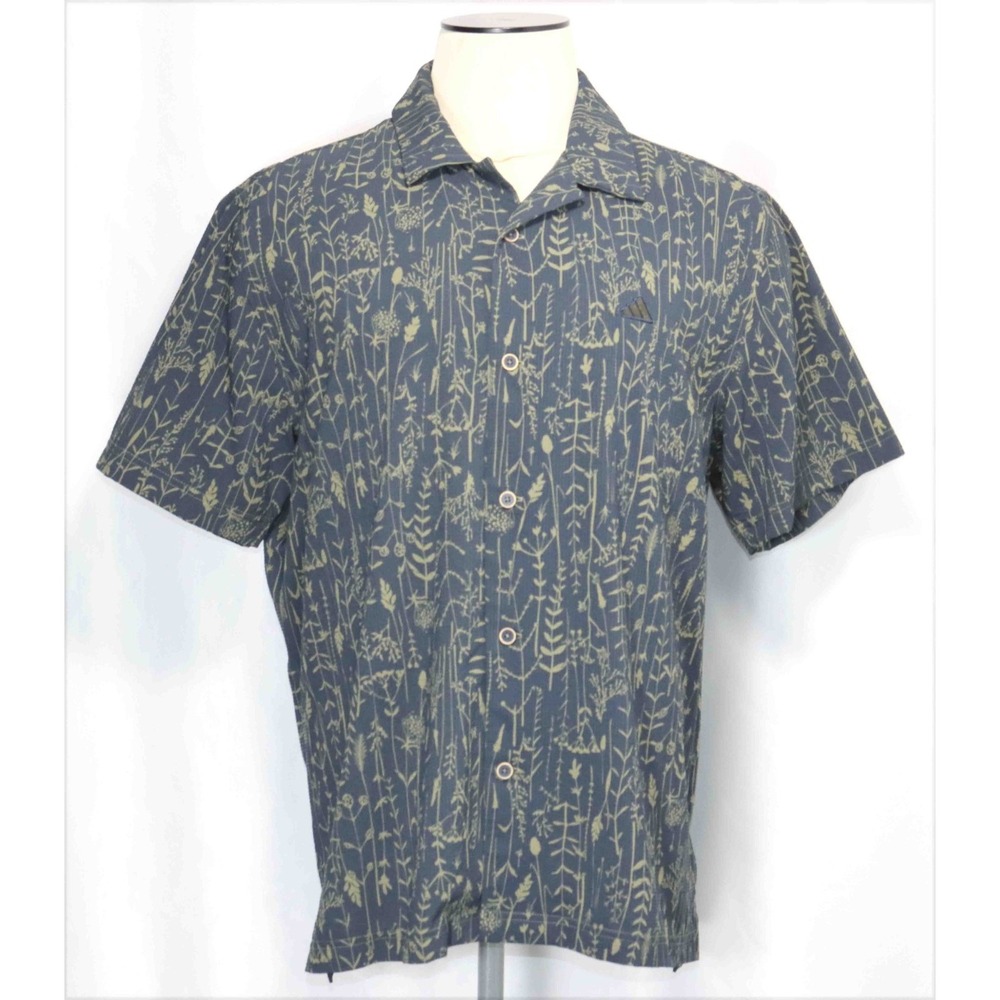 Adidas Go-To Camp Shirt Blue Beige Button Front Short Sleeve Mens Size Large